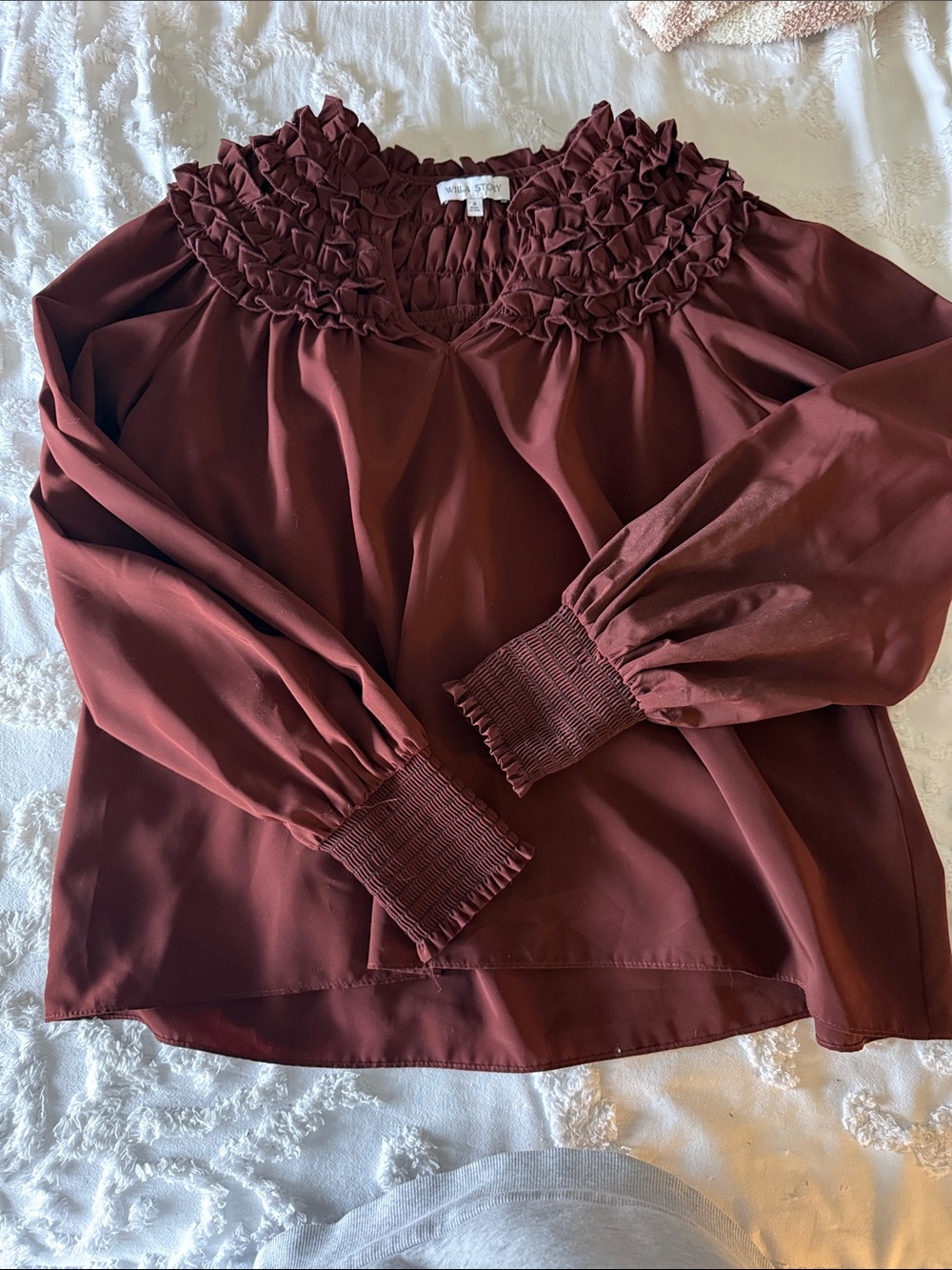 WILLA STORY GORGEOUS Women's Ruffled Yoke Long-Sleeve Blouse - Burgundy